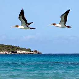 Caribbean Holidays, July Birdwatching, Red-footed booby and brown pelican flying above turquoise water near Norman Island, British Virgin Islands