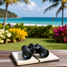 Caribbean Holidays, July Birdwatching, Relaxed Caribbean birdwatching holiday scene with binoculars, notebook and tropical garden overlooking the sea