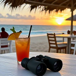 Caribbean Holidays, July Birdwatching, Relaxed outdoor caf&eacute; near the coast in Cura&ccedil;ao, with binoculars, tropical drinks and a warm evening atmosphere