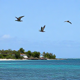 Caribbean Holidays, July Birdwatching, Roseate terns and brown pelicans flying above a calm Caribbean bay on Saint Barth&eacute;lemy in July