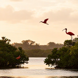 Caribbean Holidays, July Birdwatching, Scarlet ibis and herons at dawn in the Caroni Swamp, Trinidad, with mangrove channels and soft golden light