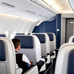 Caribbean Holidays, July Business Class, Business class passenger relaxing in a spacious modern aircraft cabin during a comfortable flight to the Caribbean