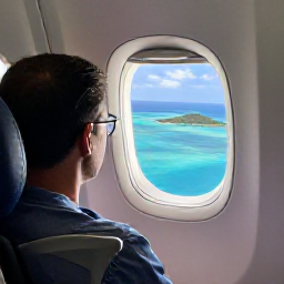 Caribbean Holidays, July Business Class, Business class traveller relaxing in a comfortable airline seat, looking out over turquoise Caribbean water and green islands from an aeroplane window