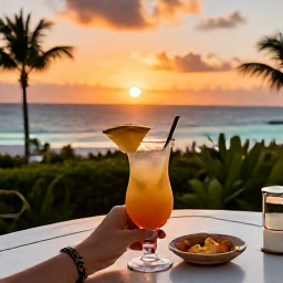 Caribbean Holidays, July Business Class, Caribbean traveller enjoying a sunset cocktail on a resort terrace after a comfortable business class flight