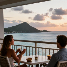 Caribbean Holidays, July Business Class, Couple enjoying a calm Caribbean evening on a hotel balcony in the United States Virgin Islands, with sea views and soft sunset light