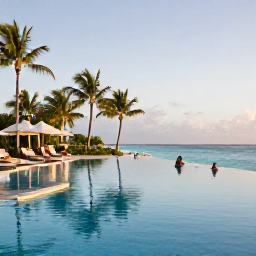 Caribbean Holidays, July Business Class, Elegant beachfront Caribbean resort with an infinity pool, palm trees and guests enjoying a relaxed July afternoon