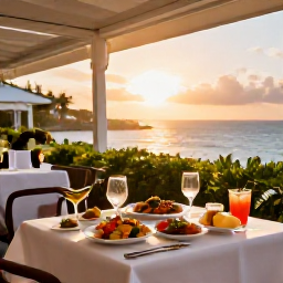 Caribbean Holidays, July Business Class, Elegant Caribbean restaurant terrace at sunset in St Croix, with local food, drinks and a relaxed holiday atmosphere