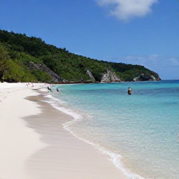 Caribbean Holidays, July Business Class, Quiet white-sand beach and clear shallow water on St John, surrounded by green tropical hills and snorkellers in July