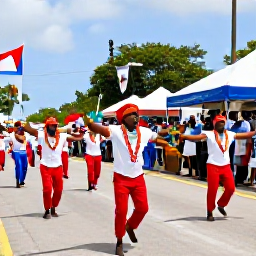Caribbean Holidays, July Caribbean Festivals, Colourful Caribbean street festival in July with dancers in traditional costumes, musicians, flags and welcoming crowds