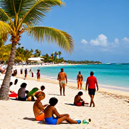 Caribbean Holidays, July Caribbean Festivals, Relaxed Caribbean beach and village scene in July with turquoise water, palm trees and travellers enjoying local culture