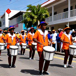 Caribbean Holidays, July Caribbean Festivals, Visitors enjoying a colourful Caribbean cultural parade with live drummers, dancers and decorated streets in bright July sunshine