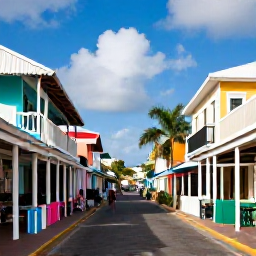 Caribbean Holidays, July Caribbean Tours, Colourful Caribbean town street in July with local shops, caf&eacute;s and people enjoying a sunny afternoon