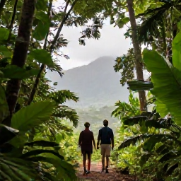 Caribbean Holidays, July Caribbean Tours, Couple enjoying a guided Caribbean rainforest walk in July with lush foliage, mountain views and soft tropical light