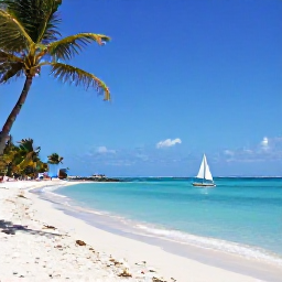 Caribbean Holidays, July Caribbean Tours, Sunny Caribbean beach in July with turquoise water, palm trees and a small sailing boat
