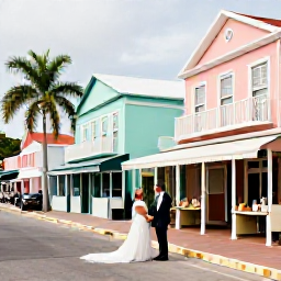 Caribbean Holidays, July Caribbean Weddings, A bride and groom exploring a colourful Caribbean town after their wedding, with pastel buildings, palm trees and local shops