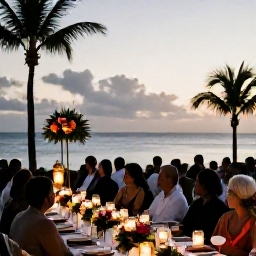 Caribbean Holidays, July Caribbean Weddings, A Caribbean wedding reception at sunset with guests dining outdoors, tropical flowers, lanterns and a calm sea in the background
