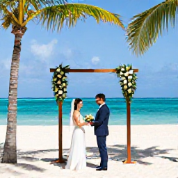 Caribbean Holidays, July Caribbean Weddings, A happy couple exchanging vows on a sunlit Caribbean beach in July, with palm trees, turquoise sea and a simple floral wedding arch