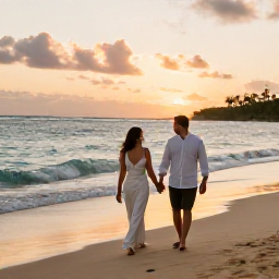Caribbean Holidays, July Caribbean Weddings, A newly married couple walking along a quiet Caribbean beach at dusk, holding hands with warm sunset light and gentle waves