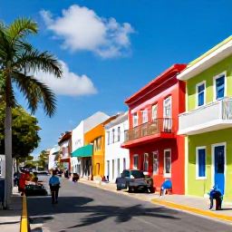 Caribbean Holidays, July City Breaks, Bright summer street scene in a lively Caribbean city, with colourful buildings, palm trees and relaxed visitors