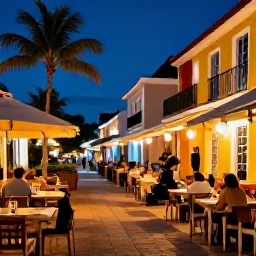 Caribbean Holidays, July City Breaks, Colourful Caribbean evening scene with outdoor restaurant tables, live music and warmly lit streets