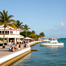 Caribbean Holidays, July City Breaks, Sunlit Caribbean waterfront with small boats, palm-lined promenade and visitors enjoying a relaxed summer afternoon