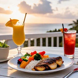 Caribbean Holidays, July Cooking Holidays, A beautifully prepared Caribbean dinner with grilled fish, plantain, rice, colourful salad and tropical drinks on a sunset terrace