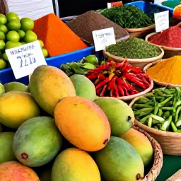 Caribbean Holidays, July Cooking Holidays, A colourful Caribbean market in July with fresh mangoes, limes, chillies, herbs and local spices displayed in baskets