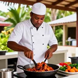 Caribbean Holidays, July Cooking Holidays, A friendly Caribbean chef teaching visitors to prepare jerk chicken and colourful vegetables in an open-air kitchen