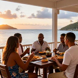 Caribbean Holidays, July Cooking Holidays, Friends enjoying a freshly prepared Caribbean meal on a shaded terrace at sunset in the United States Virgin Islands