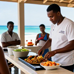 Caribbean Holidays, July Cooking Holidays, Local chef teaching visitors to prepare Caribbean food in a bright open-air kitchen overlooking the sea