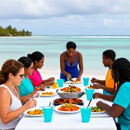 Caribbean Holidays, July Cooking Holidays, Outdoor Caribbean cooking class with guests preparing seafood and vegetables beside a calm turquoise bay