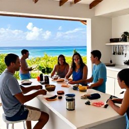Caribbean Holidays, July Cooking Holidays, Travellers enjoying a relaxed Caribbean cooking class beside a bright outdoor kitchen with tropical plants and a sea view