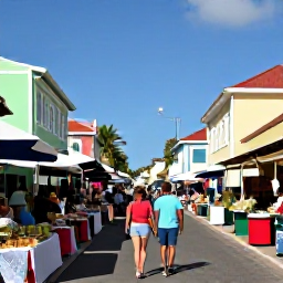 Caribbean Holidays, July Couples Holidays, A couple exploring a colourful Caribbean street in Marigot, Saint Martin, with market stalls, pastel buildings and tropical sunshine