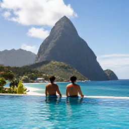Caribbean Holidays, July Couples Holidays, A couple relaxing beside an infinity pool overlooking the Pitons and Caribbean Sea in Saint Lucia on a sunny July day