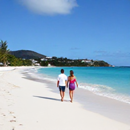 Caribbean Holidays, July Couples Holidays, A couple strolling along a sunny white-sand beach in Saint Barth&eacute;lemy during July, with turquoise water and green hills