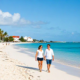 Caribbean Holidays, July Couples Holidays, A couple strolling together along a sunny Caribbean beach in Saint Martin, with calm turquoise water and palm trees