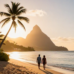 Caribbean Holidays, July Couples Holidays, A couple walking hand in hand along a quiet golden beach in Saint Lucia at sunrise, with palm trees and calm Caribbean water