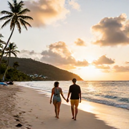 Caribbean Holidays, July Couples Holidays, A couple walking hand in hand along a quiet tropical beach in Saint Vincent and the Grenadines at sunset