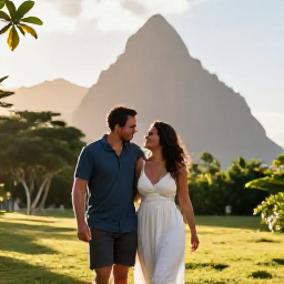 Caribbean Holidays, July Couples Holidays, A happy couple strolling through lush tropical greenery in Saint Lucia, with mountain views and soft morning light