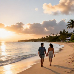 Caribbean Holidays, July Couples Holidays, A relaxed couple walking hand in hand along a quiet golden beach on Saint Kitts at sunset, with calm Caribbean water and palm trees