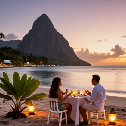 Caribbean Holidays, July Couples Holidays, A romantic beachside dinner for two in Saint Lucia at sunset, with lanterns, tropical plants and the Caribbean Sea