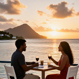 Caribbean Holidays, July Couples Holidays, A romantic waterfront restaurant in Saint Vincent and the Grenadines with a couple dining at sunset