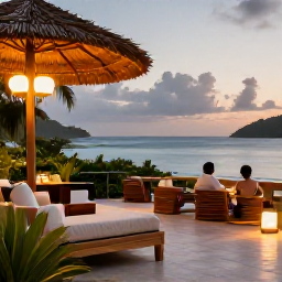 Caribbean Holidays, July Couples Holidays, A stylish Caribbean hotel terrace overlooking the sea on a warm July evening in Saint Vincent and the Grenadines
