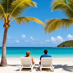Caribbean Holidays, July Couples Holidays, A sunny Caribbean beach with turquoise water, palm trees and two sun loungers in Saint Vincent and the Grenadines