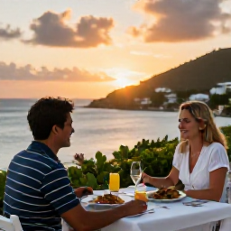 Caribbean Holidays, July Couples Holidays, Couple dining at an outdoor restaurant in Grand Case, Saint Martin, at sunset with local Caribbean and French food on the table