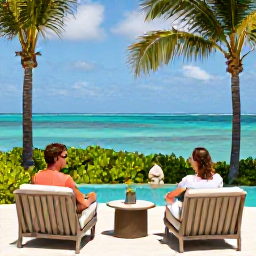 Caribbean Holidays, July Couples Holidays, Couple enjoying a peaceful tropical holiday at a stylish Saint Kitts resort, with palm trees, turquoise sea and comfortable outdoor seating