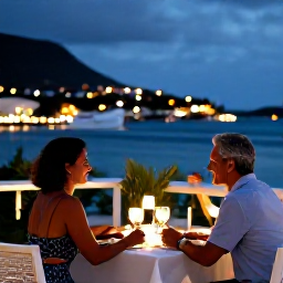 Caribbean Holidays, July Couples Holidays, Couple enjoying an elegant open-air dinner in Gustavia, Saint Barth&eacute;lemy, with harbour lights and a relaxed evening atmosphere