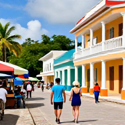 Caribbean Holidays, July Couples Holidays, Couple exploring a colourful Caribbean town in July, historic buildings, local market and tropical surroundings
