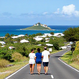 Caribbean Holidays, July Couples Holidays, Couple exploring a scenic coastal road in Saint Barth&eacute;lemy, with a small island village, tropical vegetation and ocean views