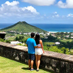 Caribbean Holidays, July Couples Holidays, Couple exploring historic Brimstone Hill Fortress on Saint Kitts, overlooking green hills and blue Caribbean sea under a sunny sky